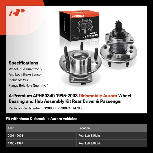 A-Premium APHB0340 1995-2003 Oldsmobile Aurora Wheel Bearing and Hub Assembly Kit Rear Driver & Passenger