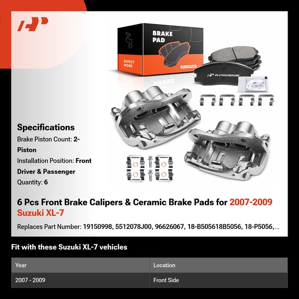 6 Pcs Front Brake Calipers & Ceramic Brake Pads for 2007-2009 Suzuki XL-7