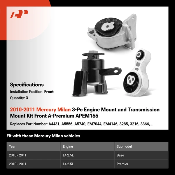 2010-2011 Mercury Milan 3-Pc Engine Mount and Transmission Mount Kit Front A-Premium APEM155