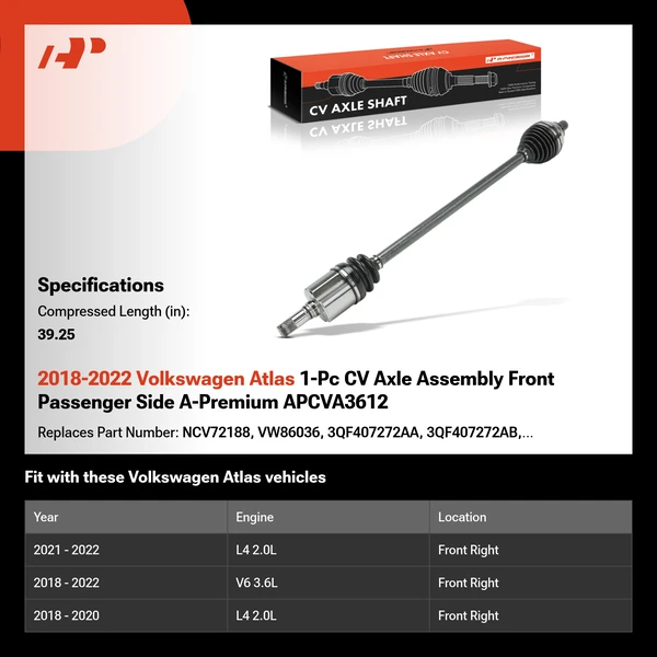 2018-2022 Volkswagen Atlas 1-Pc CV Axle Assembly Front Passenger Side A-Premium APCVA3612