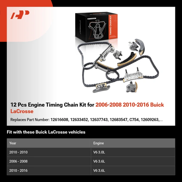 12 Pcs Engine Timing Chain Kit for 2006-2008 2010-2016 Buick LaCrosse