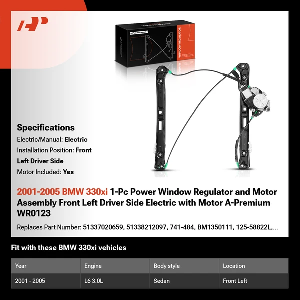 2001-2005 BMW 330xi 1-Pc Power Window Regulator and Motor Assembly Front Left Driver Side Electric with Motor A-Premium WR0123
