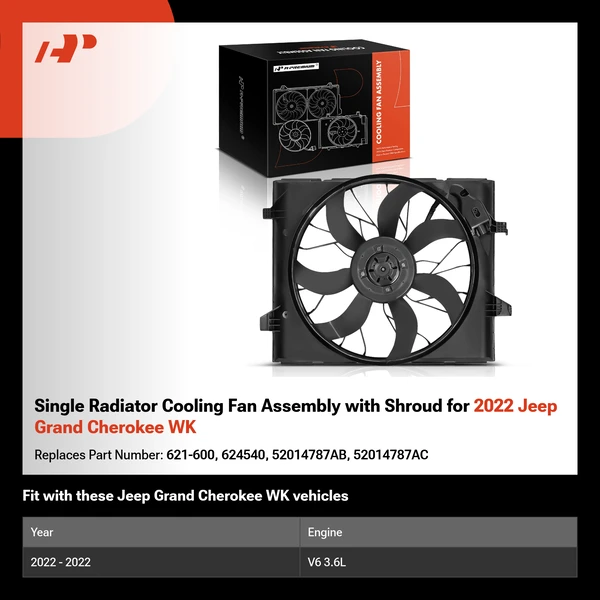 Single Radiator Cooling Fan Assembly with Shroud for 2022 Jeep Grand Cherokee WK