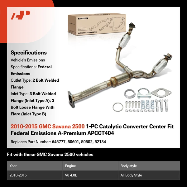 2010-2015 GMC Savana 2500 1-PC Catalytic Converter Center Fit Federal Emissions A-Premium APCCT404
