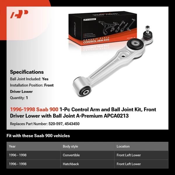 1996-1998 Saab 900 1-Pc Control Arm and Ball Joint Kit, Front Driver Lower with Ball Joint A-Premium APCA0213