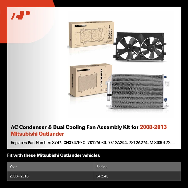 AC Condenser & Dual Cooling Fan Assembly Kit for 2008-2013 Mitsubishi Outlander