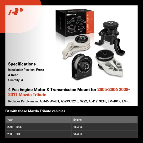 4 Pcs Engine Motor & Transmission Mount for 2005-2006 2008-2011 Mazda Tribute