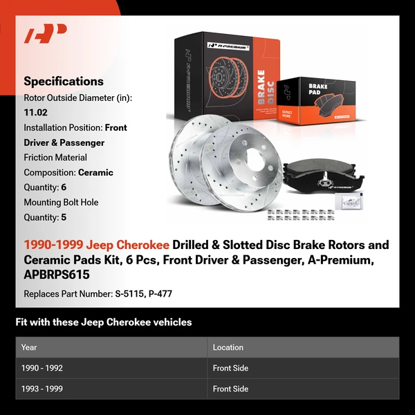 1990-1999 Jeep Cherokee Drilled & Slotted Disc Brake Rotors and Ceramic Pads Kit, 6 Pcs, Front Driver & Passenger, A-Premium, APBRPS615