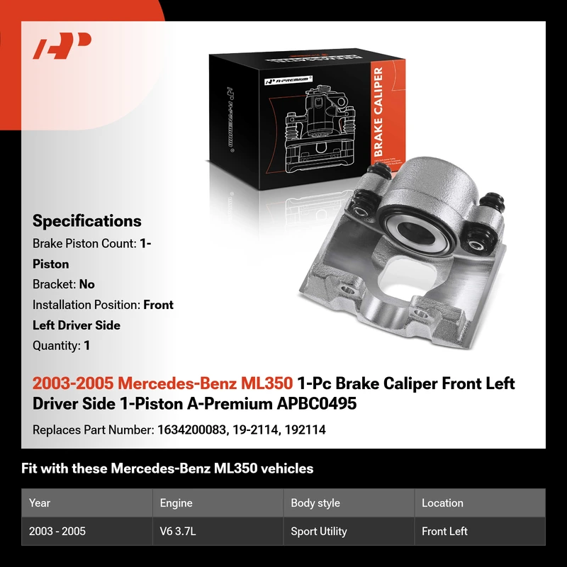 2003-2005 Mercedes-Benz ML350 1-Pc Brake Caliper Front Left Driver Side 1-Piston A-Premium APBC0495