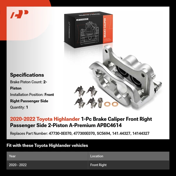 2020-2022 Toyota Highlander 1-Pc Brake Caliper Front Right Passenger Side 2-Piston A-Premium APBC4614