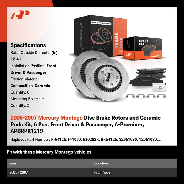 2005-2007 Mercury Montego Disc Brake Rotors and Ceramic Pads Kit, 6 Pcs, Front Driver & Passenger, A-Premium, APBRPR1219
