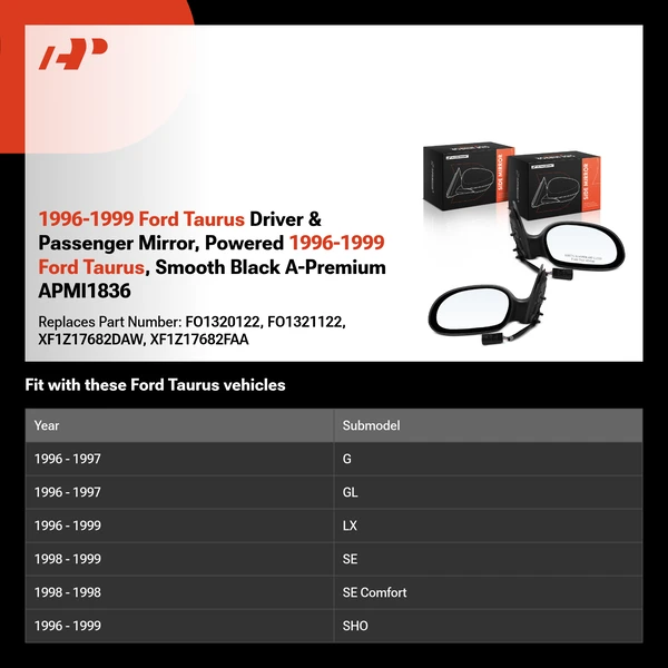 1996-1999 Ford Taurus Driver & Passenger Mirror, Powered 1996-1999 Ford Taurus, Smooth Black A-Premium APMI1836