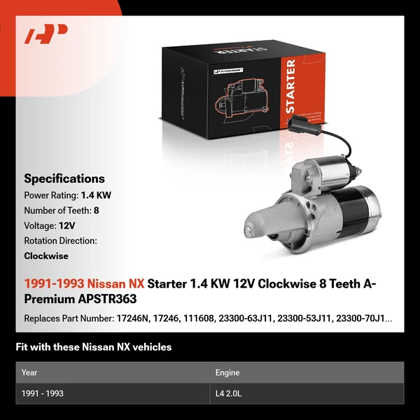 1991-1993 Nissan NX Starter 1.4 KW 12V Clockwise 8 Teeth A-Premium APSTR363