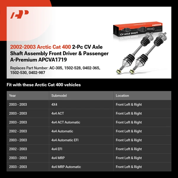 2002-2003 Arctic Cat 400 2-Pc CV Axle Shaft Assembly Front Driver & Passenger A-Premium APCVA1719