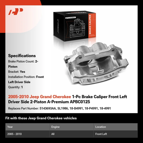 2005-2010 Jeep Grand Cherokee 1-Pc Brake Caliper Front Left Driver Side 2-Piston A-Premium APBC0125