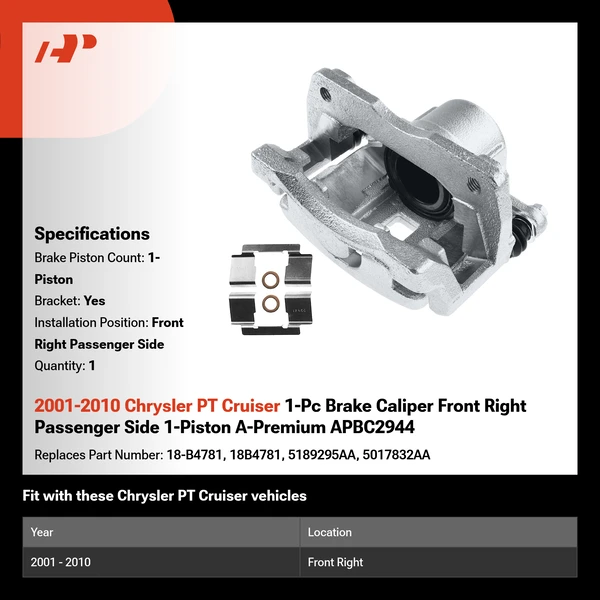 2001-2010 Chrysler PT Cruiser 1-Pc Brake Caliper Front Right Passenger Side 1-Piston A-Premium APBC2944