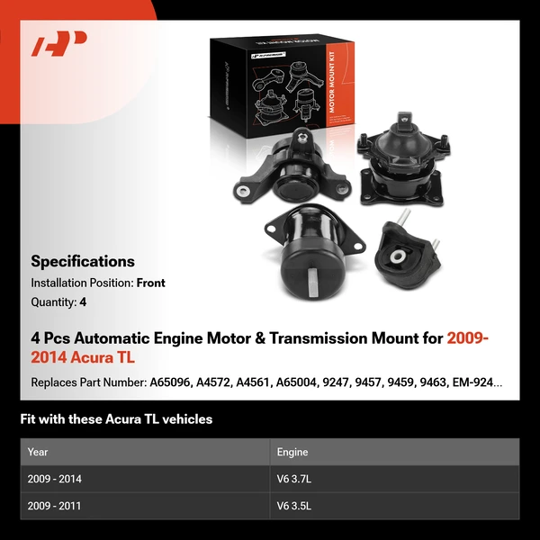 4 Pcs Automatic Engine Motor & Transmission Mount for 2009-2014 Acura TL