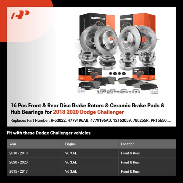 16 Pcs Front & Rear Disc Brake Rotors & Ceramic Brake Pads & Hub Bearings for 2018 2020 Dodge Challenger