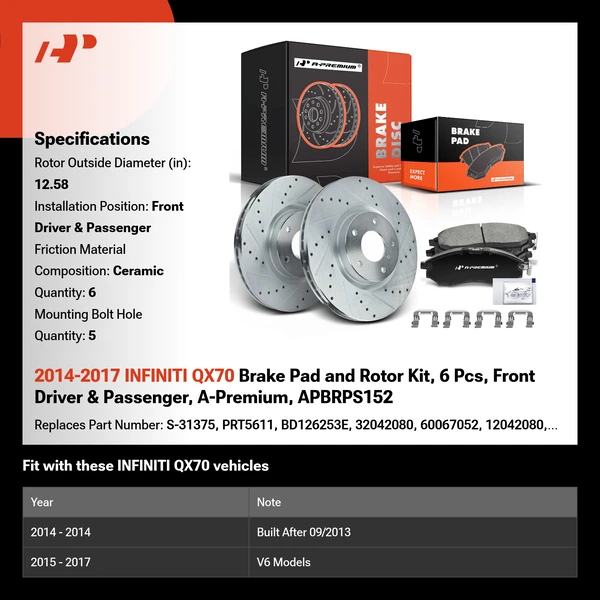 2014-2017 INFINITI QX70 Brake Pad and Rotor Kit, 6 Pcs, Front Driver & Passenger, A-Premium, APBRPS152