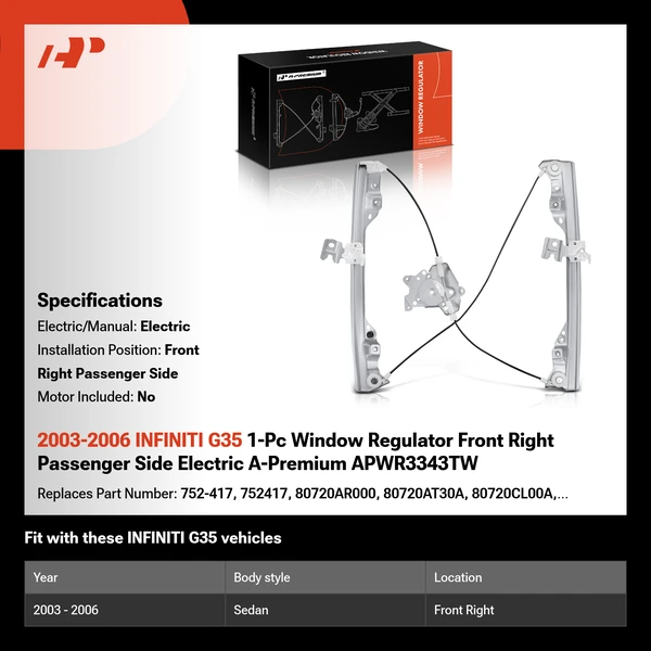 2003-2006 INFINITI G35 1-Pc Window Regulator Front Right Passenger Side Electric A-Premium APWR3343TW