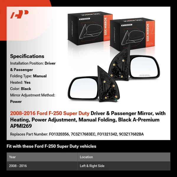 2008-2016 Ford F-250 Super Duty Driver & Passenger Mirror, with Heating, Power Adjustment, Manual Folding, Black A-Premium APMI269