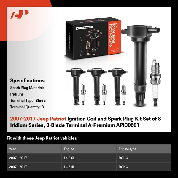 2007-2017 Jeep Patriot Ignition Coil and Spark Plug Kit Set of 8 Iridium Series, 3-Blade Terminal A-Premium APIC0601