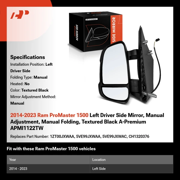 2014-2023 Ram ProMaster 1500 Left Driver Side Mirror, Manual Adjustment, Manual Folding, Textured Black A-Premium APMI1122TW