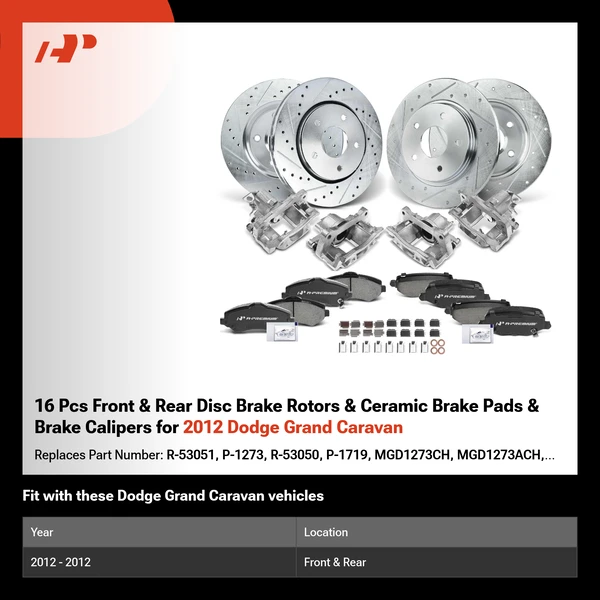 16 Pcs Front & Rear Disc Brake Rotors & Ceramic Brake Pads & Brake Calipers for 2012 Dodge Grand Caravan
