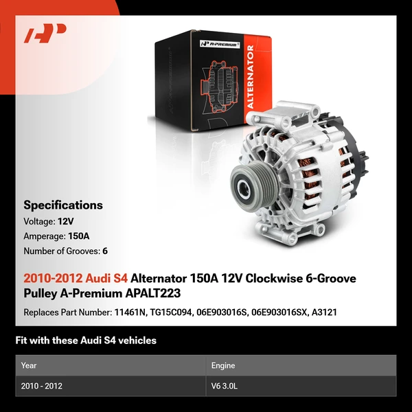 2010-2012 Audi S4 Alternator 150A 12V Clockwise 6-Groove Pulley A-Premium APALT223