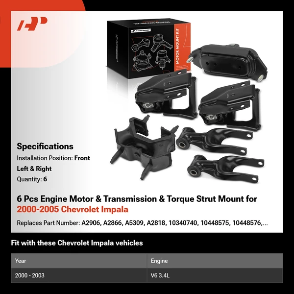 6 Pcs Engine Motor & Transmission & Torque Strut Mount for 2000-2005 Chevrolet Impala