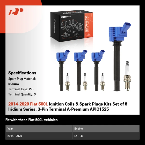 2014-2020 Fiat 500L Ignition Coils & Spark Plugs Kits Set of 8 Iridium Series, 3-Pin Terminal A-Premium APIC1525
