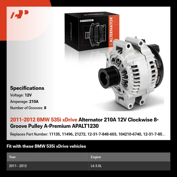 2011-2012 BMW 535i xDrive Alternator 210A 12V Clockwise 8-Groove Pulley A-Premium APALT1230