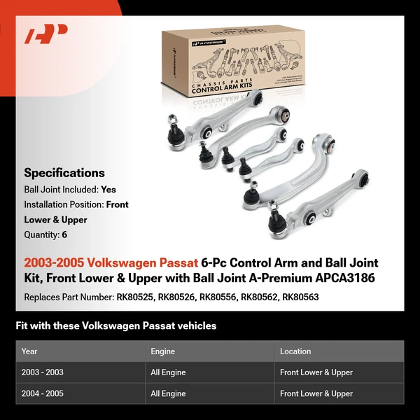 2003-2005 Volkswagen Passat 6-Pc Control Arm and Ball Joint Kit, Front Lower & Upper with Ball Joint A-Premium APCA3186