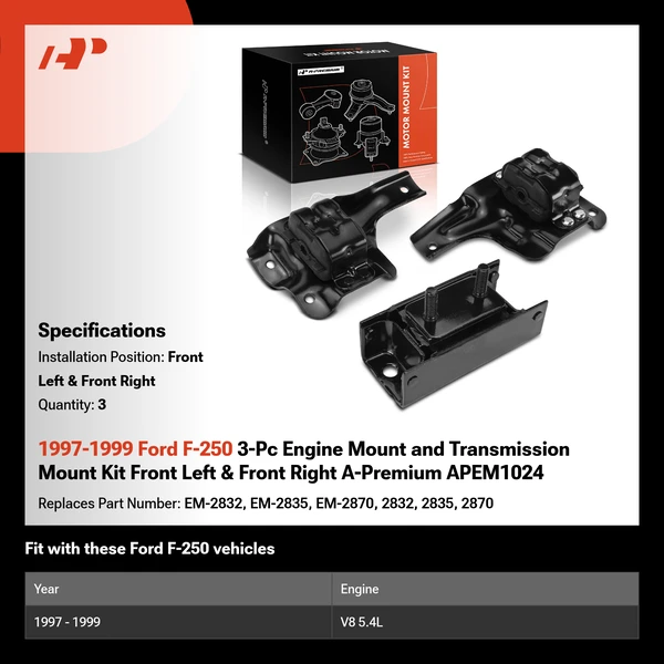1997-1999 Ford F-250 3-Pc Engine Mount and Transmission Mount Kit Front Left & Front Right A-Premium APEM1024