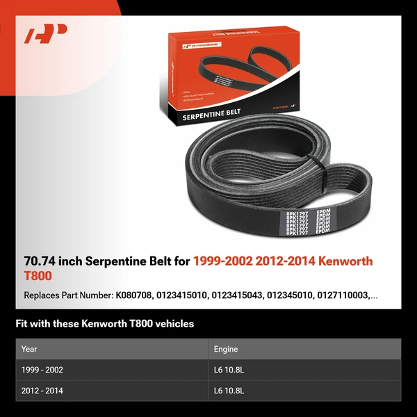 70.74 inch Serpentine Belt for 1999-2002 2012-2014 Kenworth T800