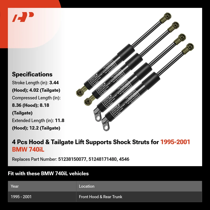 4 Pcs Hood & Tailgate Lift Supports Shock Struts for 1995-2001 BMW 740iL