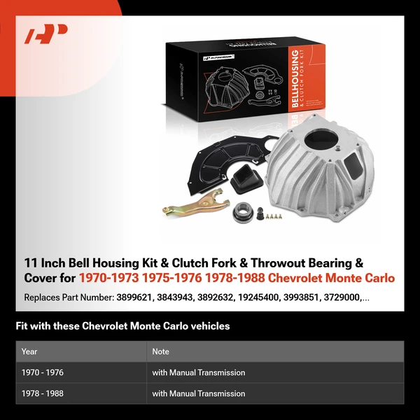 11 Inch Bell Housing Kit & Clutch Fork & Throwout Bearing & Cover for 1970-1973 1975-1976 1978-1988 Chevrolet Monte Carlo