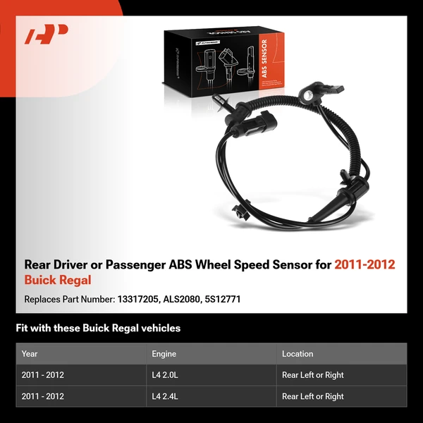 Rear Driver or Passenger ABS Wheel Speed Sensor for 2011-2012 Buick Regal