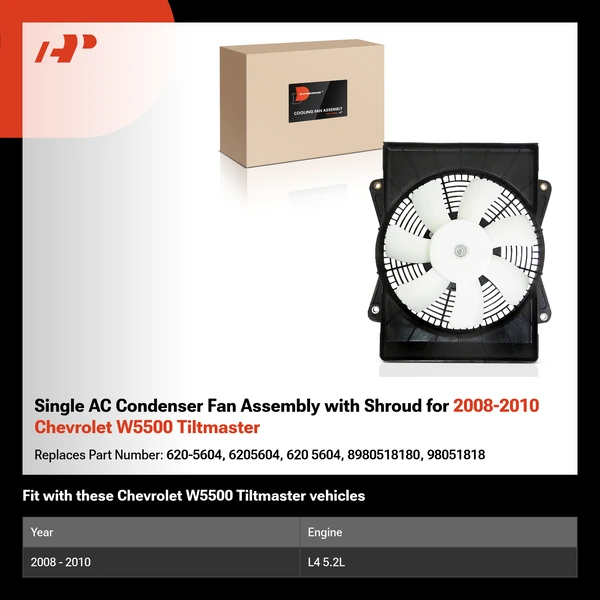 Single AC Condenser Fan Assembly with Shroud for 2008-2010 Chevrolet W5500 Tiltmaster