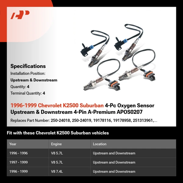 1996-1999 Chevrolet K2500 Suburban 4-Pc Oxygen Sensor Upstream & Downstream 4-Pin A-Premium APOS0207