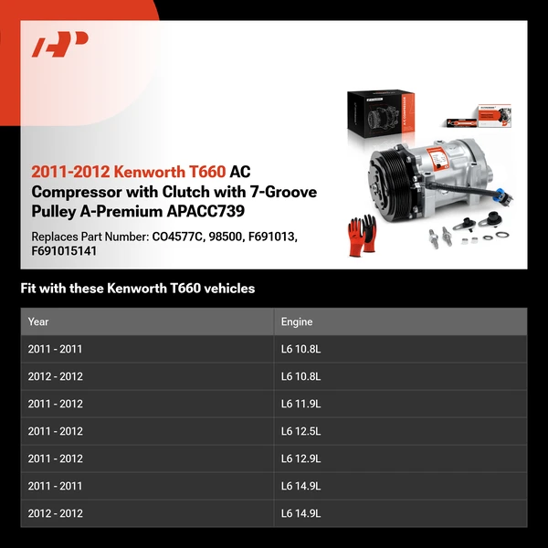 2011-2012 Kenworth T660 AC Compressor with Clutch with 7-Groove Pulley A-Premium APACC739