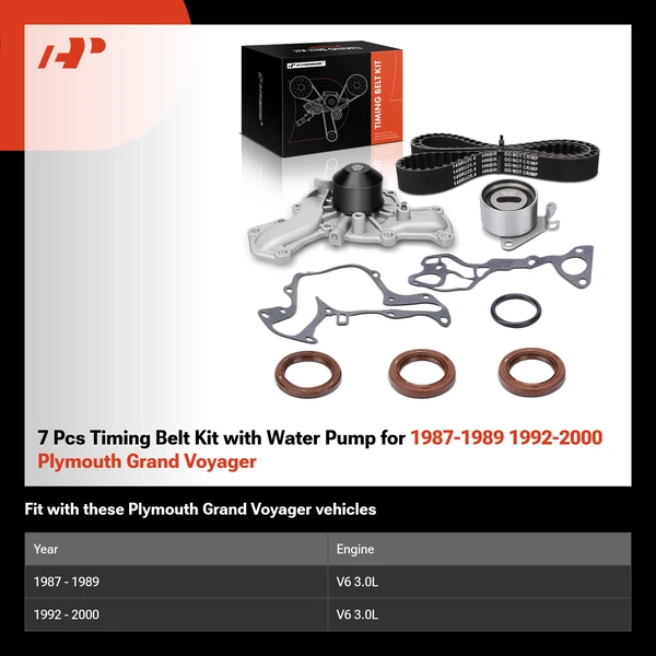 7 Pcs Timing Belt Kit with Water Pump for 1987-1989 1992-2000 Plymouth Grand Voyager