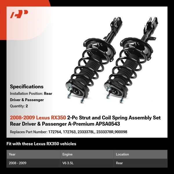 2008-2009 Lexus RX350 2-Pc Strut and Coil Spring Assembly Set Rear Driver & Passenger A-Premium APSA0543