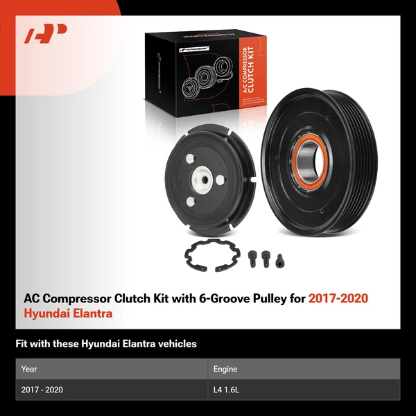 AC Compressor Clutch Kit with 6-Groove Pulley for 2017-2020 Hyundai Elantra