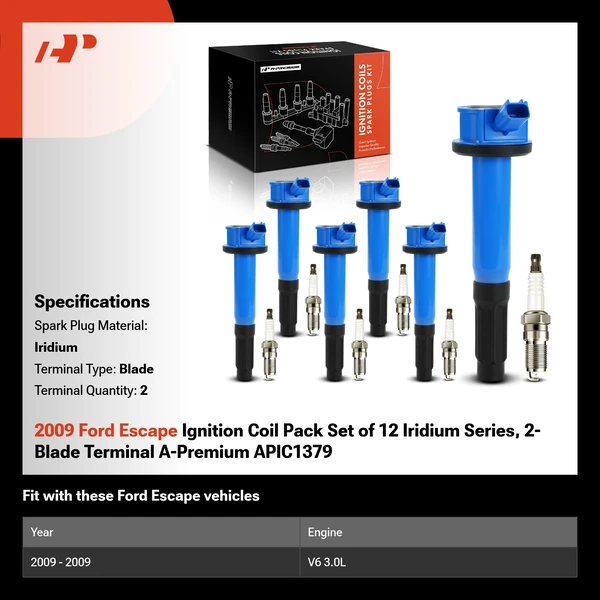 2009 Ford Escape Ignition Coil Pack Set of 12 Iridium Series, 2-Blade Terminal A-Premium APIC1379