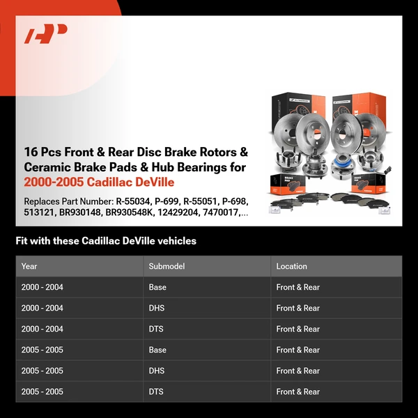 16 Pcs Front & Rear Disc Brake Rotors & Ceramic Brake Pads & Hub Bearings for 2000-2005 Cadillac DeVille