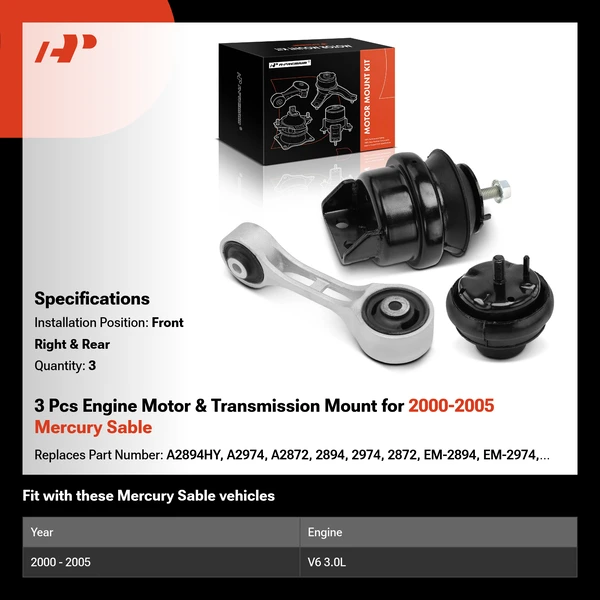 3 Pcs Engine Motor & Transmission Mount for 2000-2005 Mercury Sable