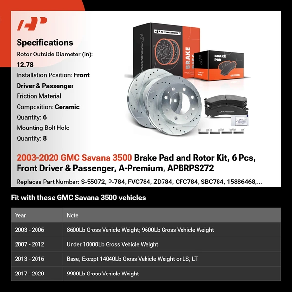 2003-2020 GMC Savana 3500 Brake Pad and Rotor Kit, 6 Pcs, Front Driver & Passenger, A-Premium, APBRPS272