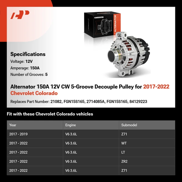 Alternator 150A 12V CW 5-Groove Decouple Pulley for 2017-2022 Chevrolet Colorado