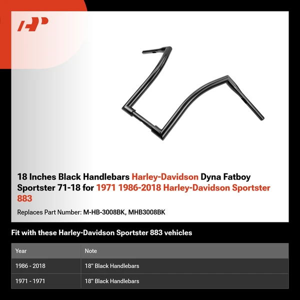 18 Inches Black Handlebars Harley-Davidson Dyna Fatboy Sportster 71-18 for 1971 1986-2018 Harley-Davidson Sportster 883
